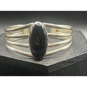 Vintage Navajo Sterling Silver Onyx Signed LJM Cuff Bracelet
